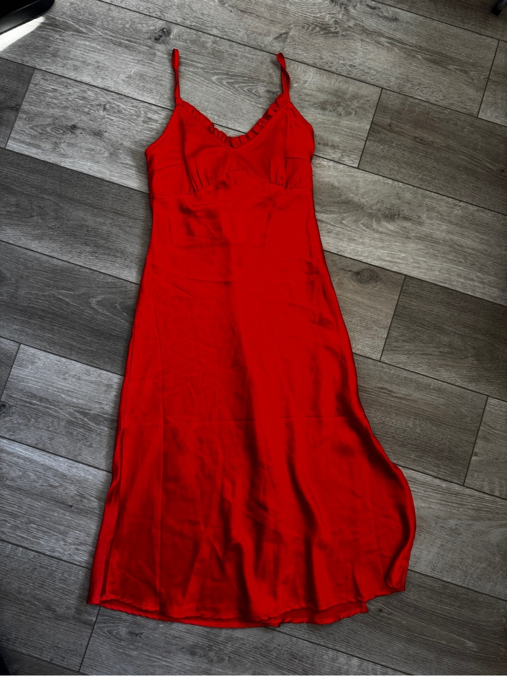 Japan Vibrant Red/Orange Satin Midi Slip Dress with Spaghetti Straps